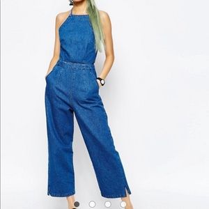 ASOS Denim Wide Leg Halter Jumpsuit